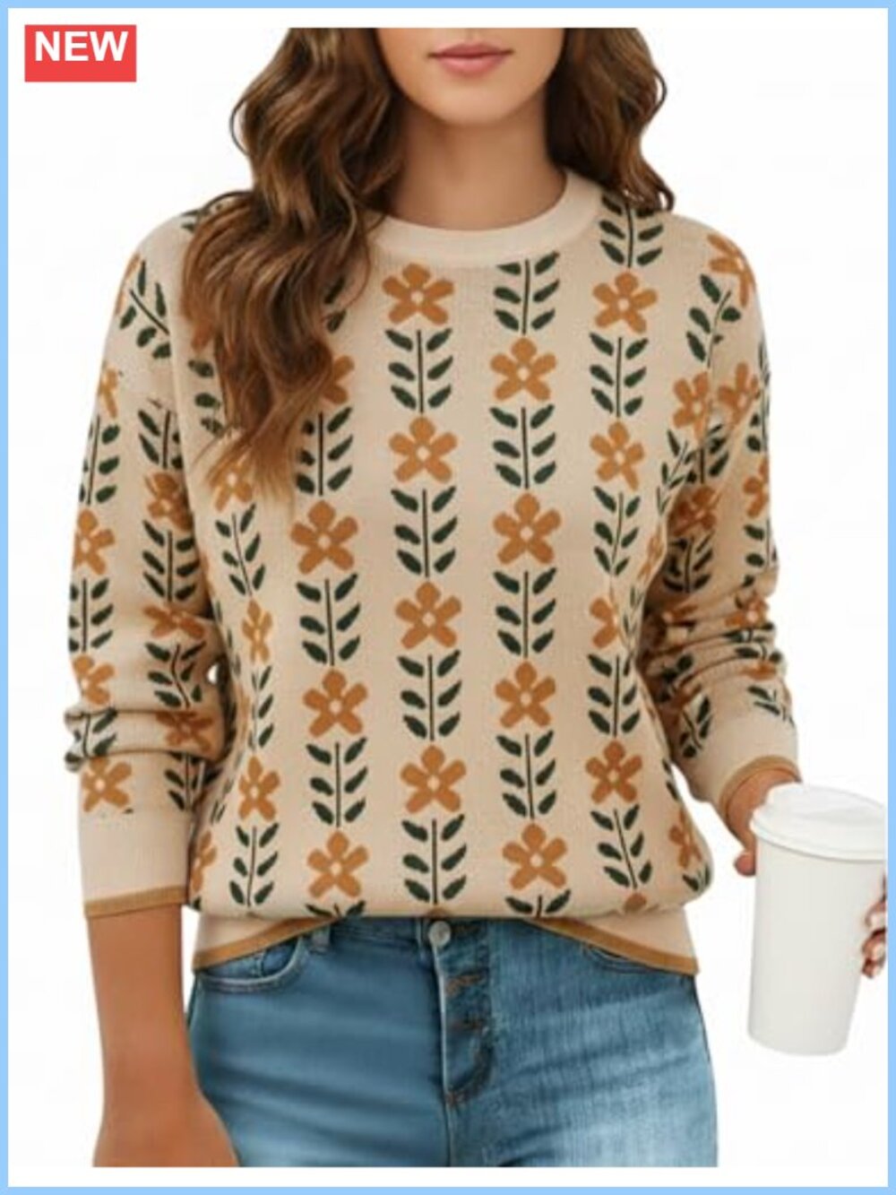 Womens Floral Oversized Knit Pullover Sweater Ribbed Trim